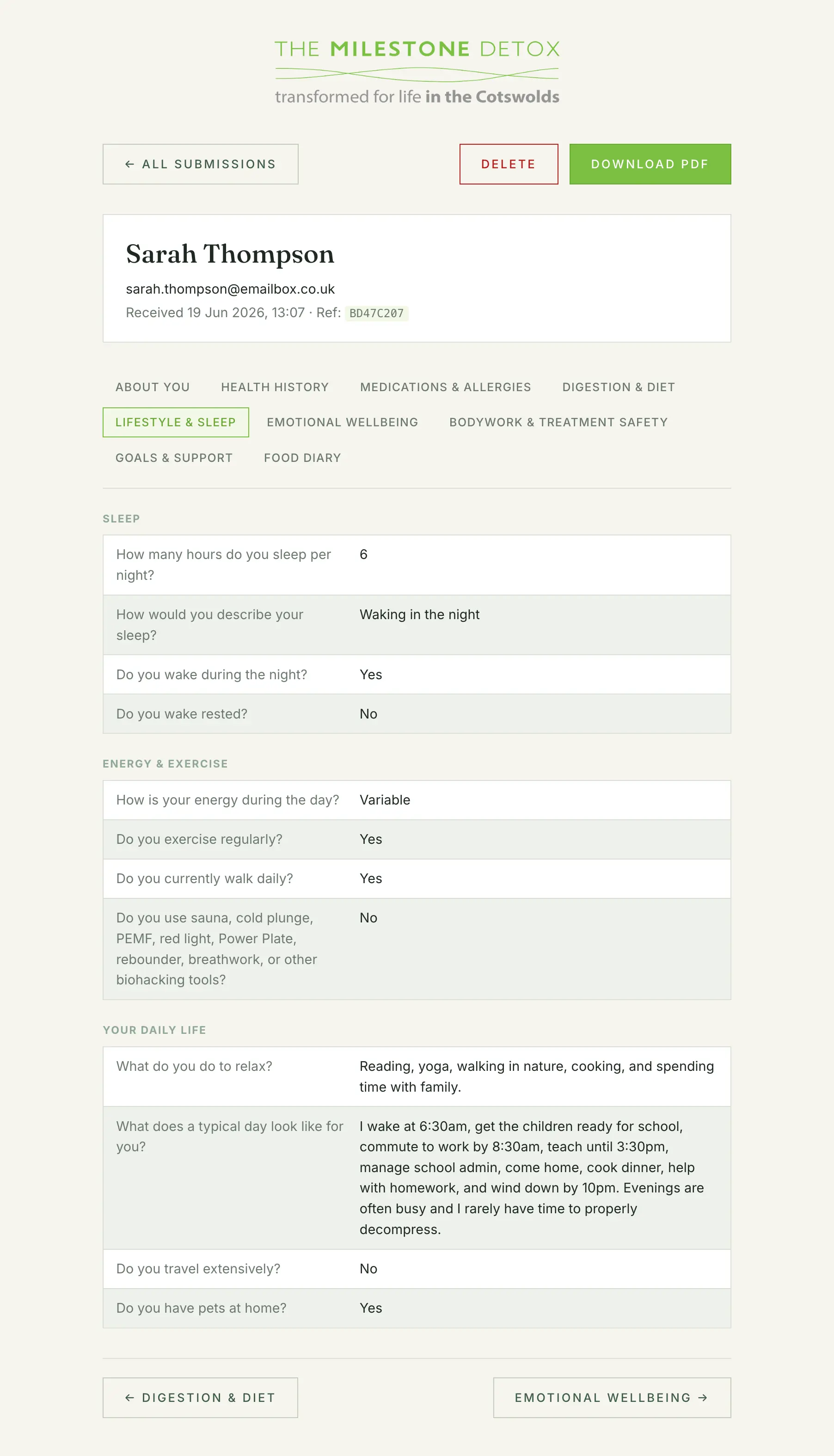 Screenshot of The Milestone Detox client health questionnaire and submissions dashboard